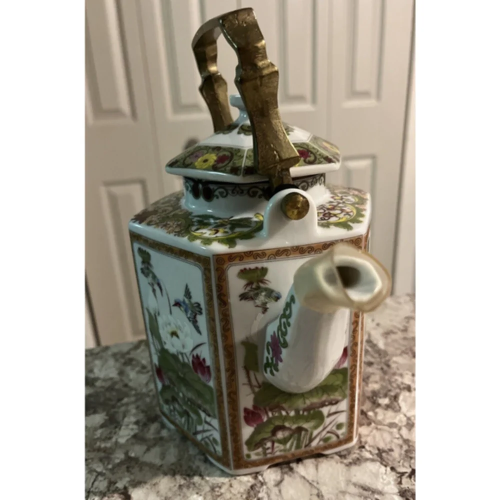 Vintage Japanese‎ Toyo Ming Lotus Hexagon Floral Tea Kettle W/Brass Handle VGUC